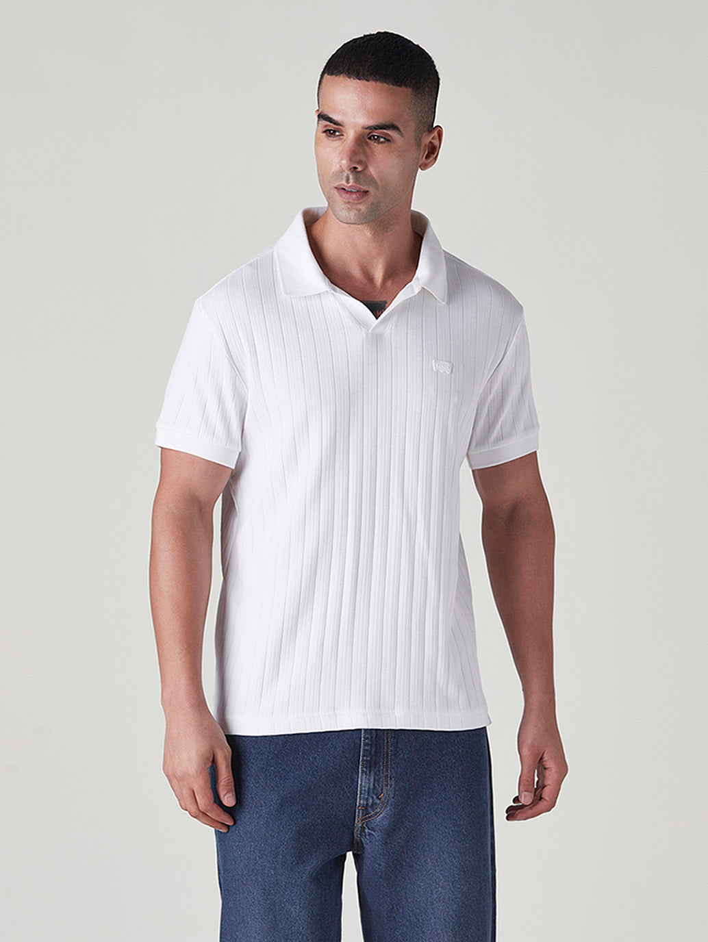 Men's Textured White Ribbed Polo T shirt - Front View