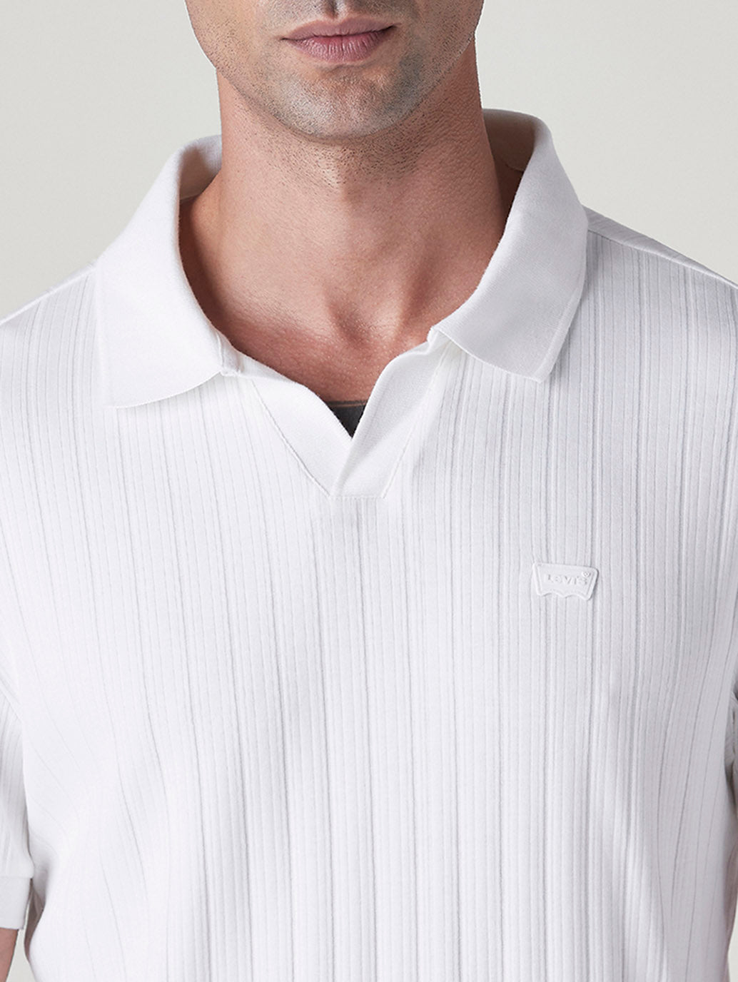 Men's Textured White Ribbed Polo T shirt - Detail View