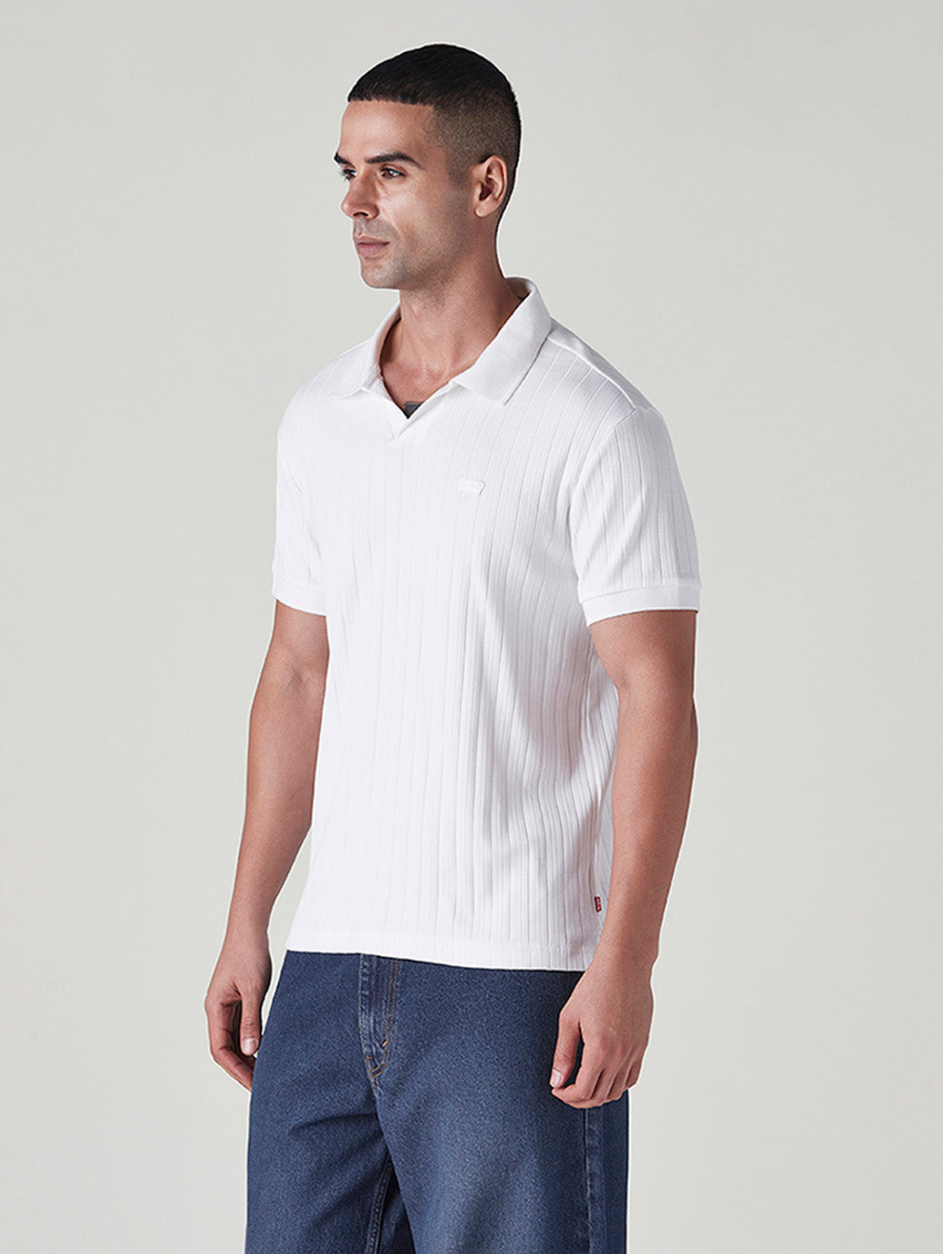 Men's Textured White Ribbed Polo T shirt - Side View