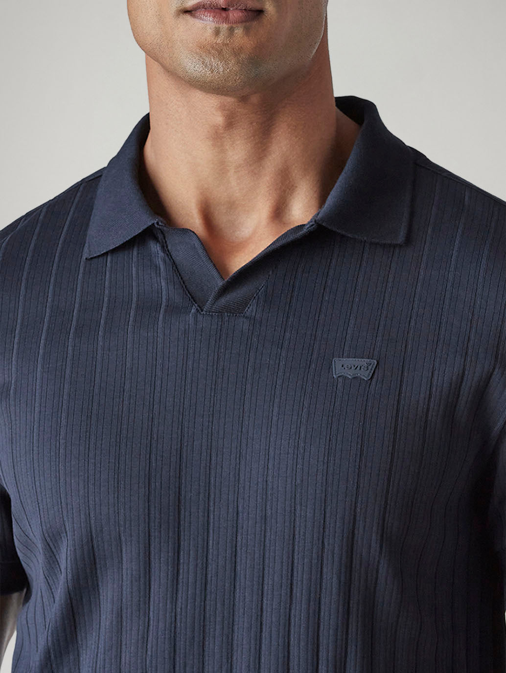Men's Textured Navy Ribbed Polo T-Shirt - Detail View