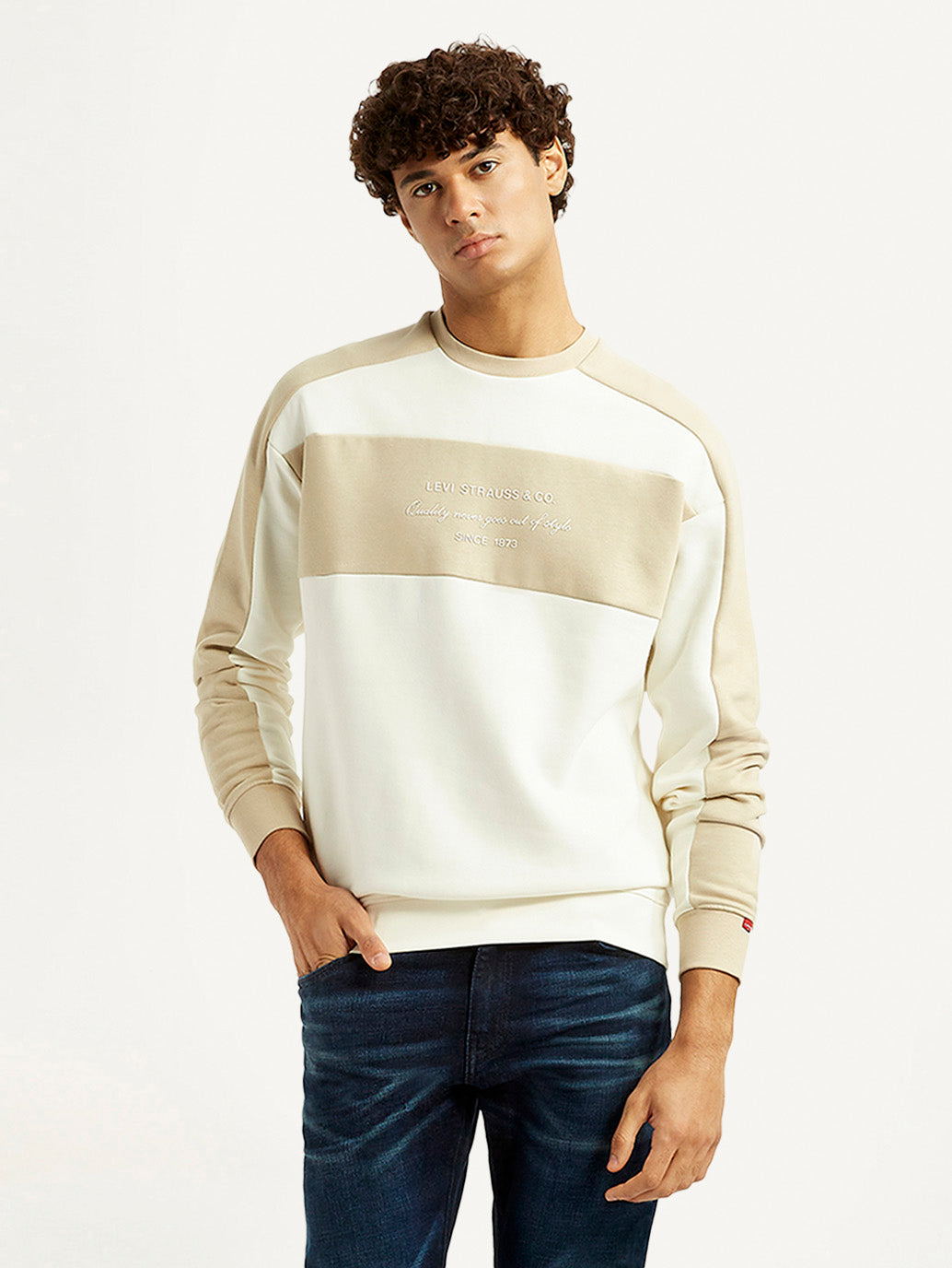 Men's Colorblock Cream Crew Neck Sweatshirt