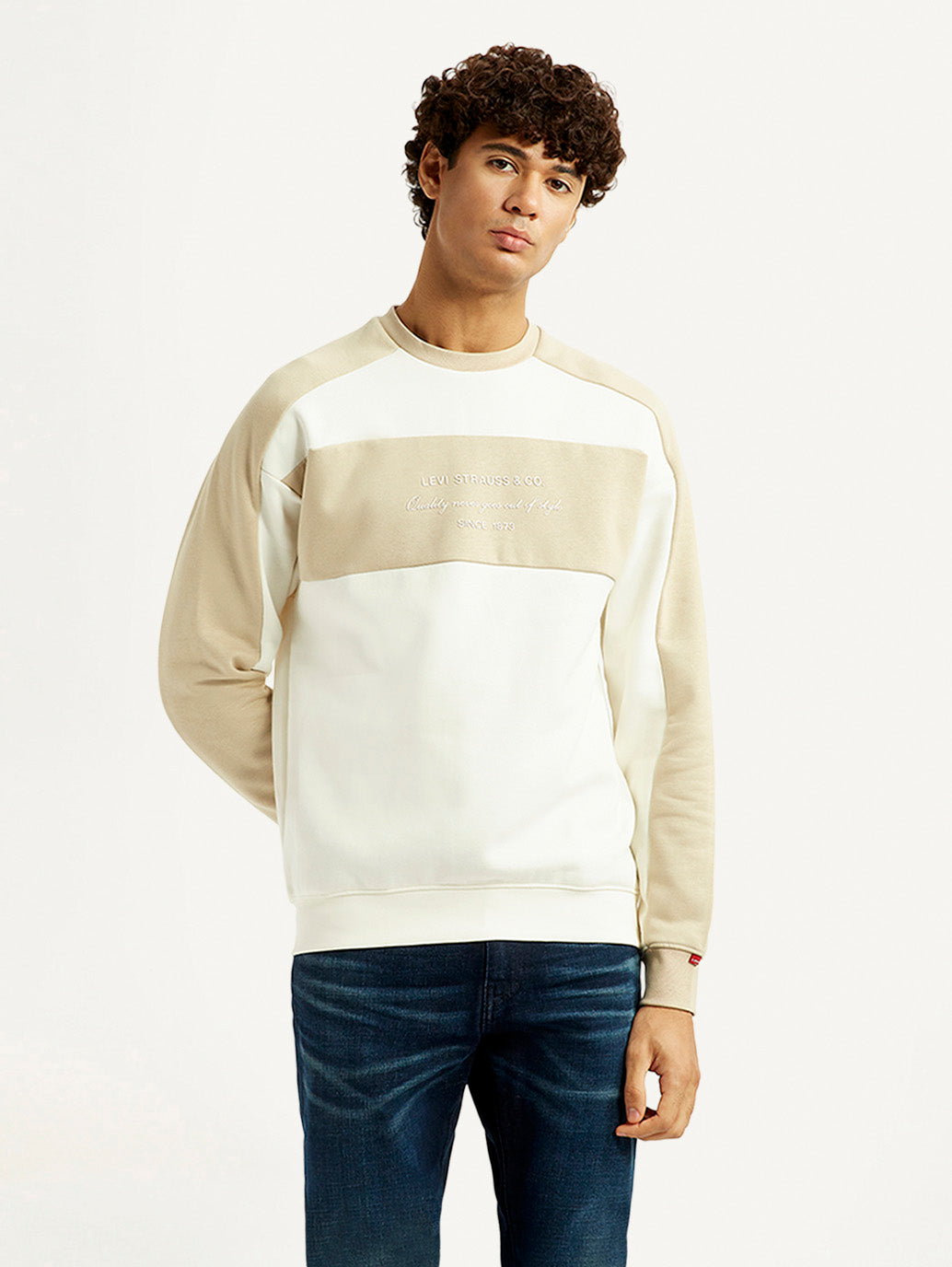 Men's Colorblock Cream Crew Neck Sweatshirt - Front View