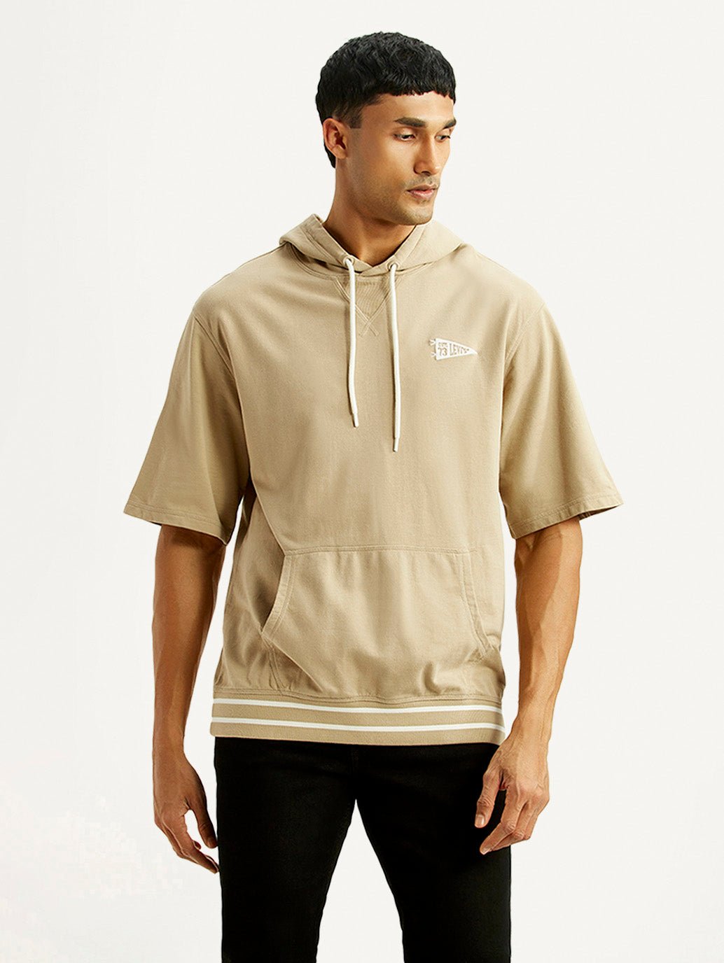 Men's Solid Beige Hooded Sweatshirt - Front View