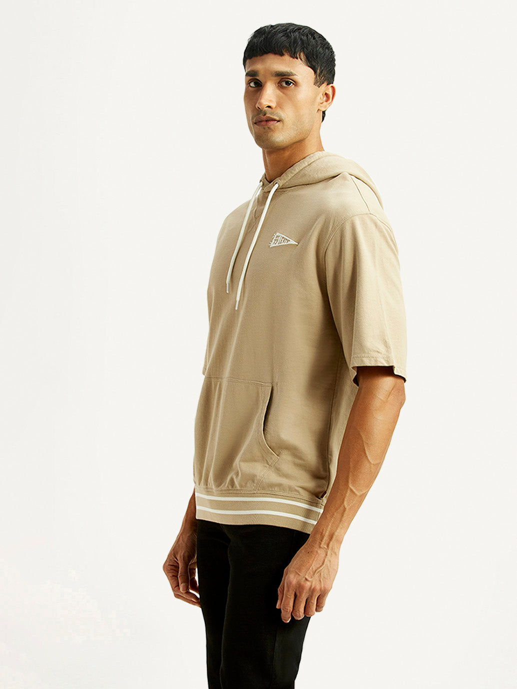 Men's Solid Beige Hooded Sweatshirt - Side View