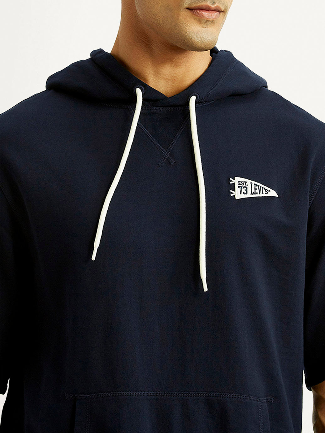 Men's Solid Navy Hooded Sweatshirt - Detail View