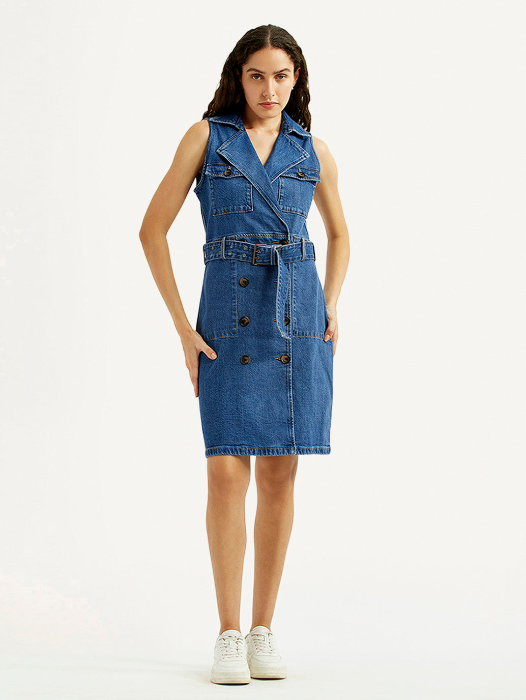 Women's Solid Blue Notched Lapel Denim Dress