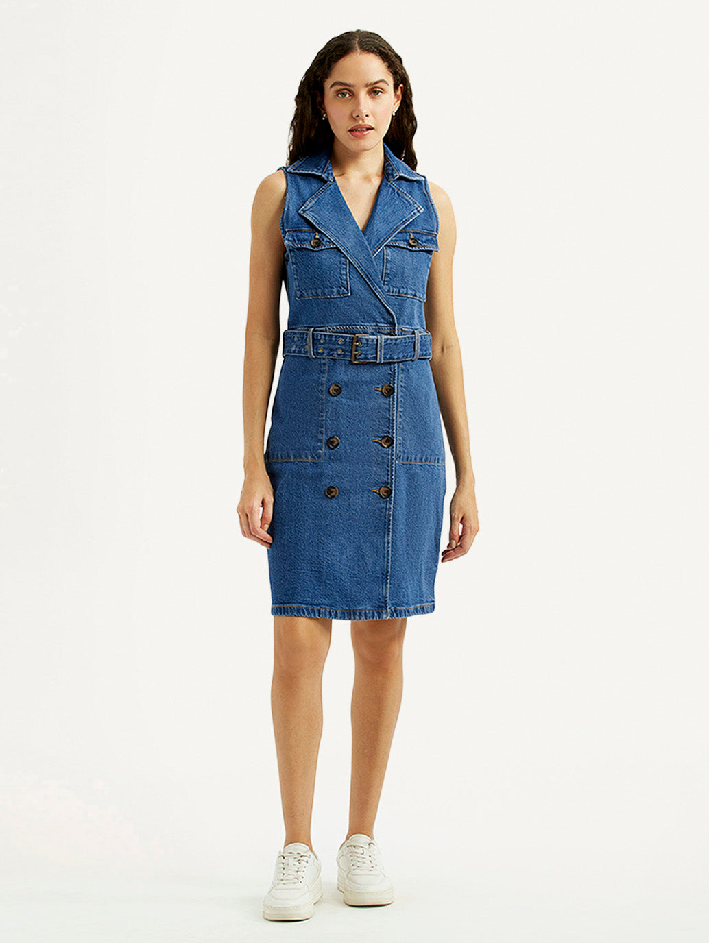 Women's Solid Blue Notched Lapel Denim Dress - Front View