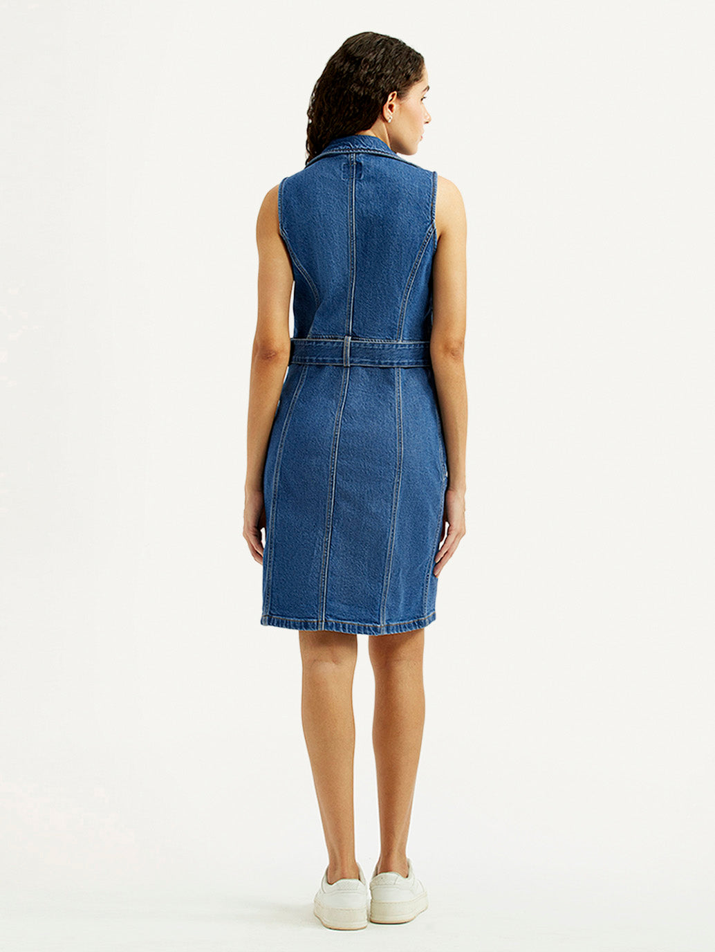 Women's Solid Blue Notched Lapel Denim Dress - Back View