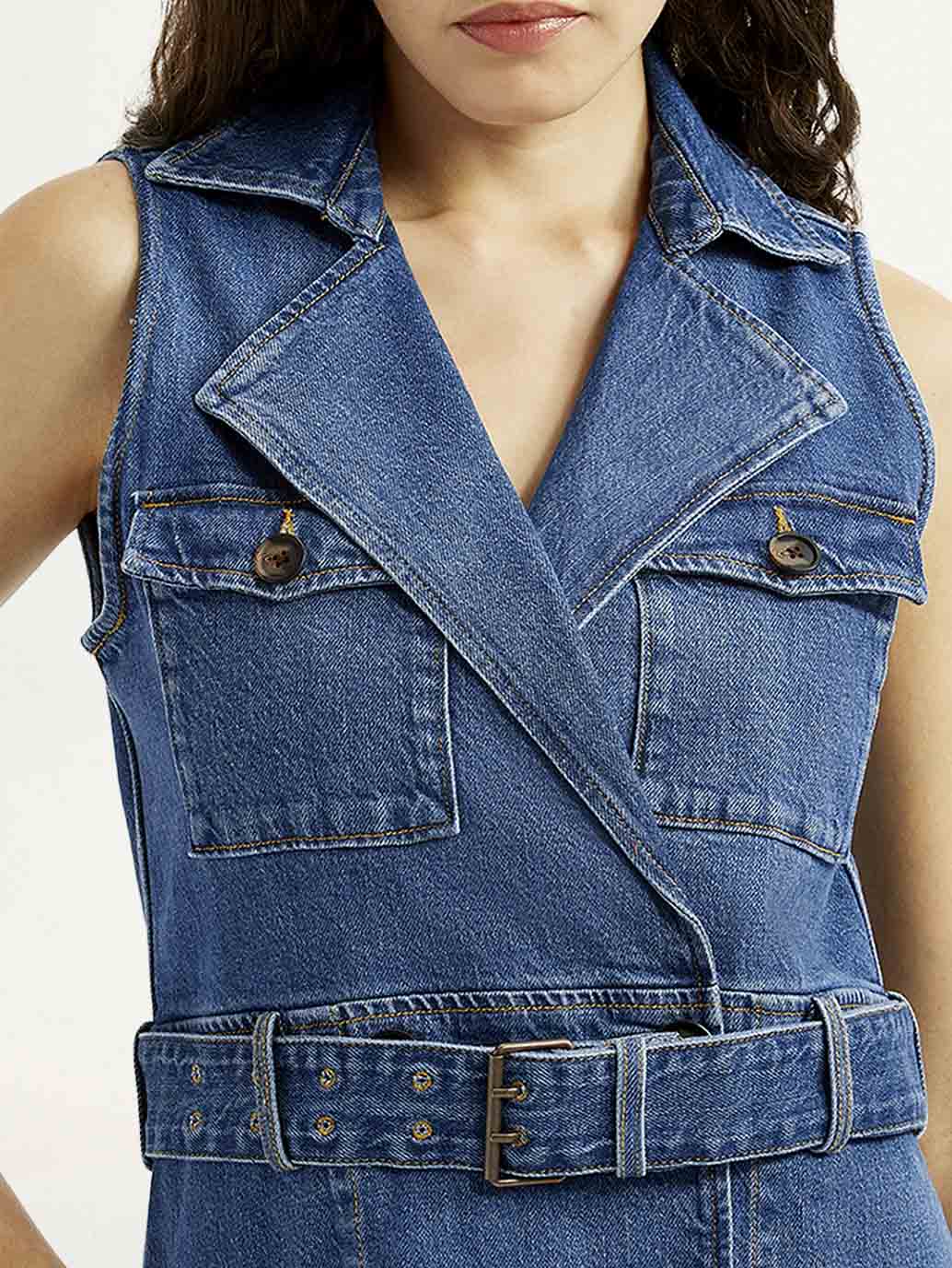 Women's Solid Blue Notched Lapel Denim Dress - Detail View