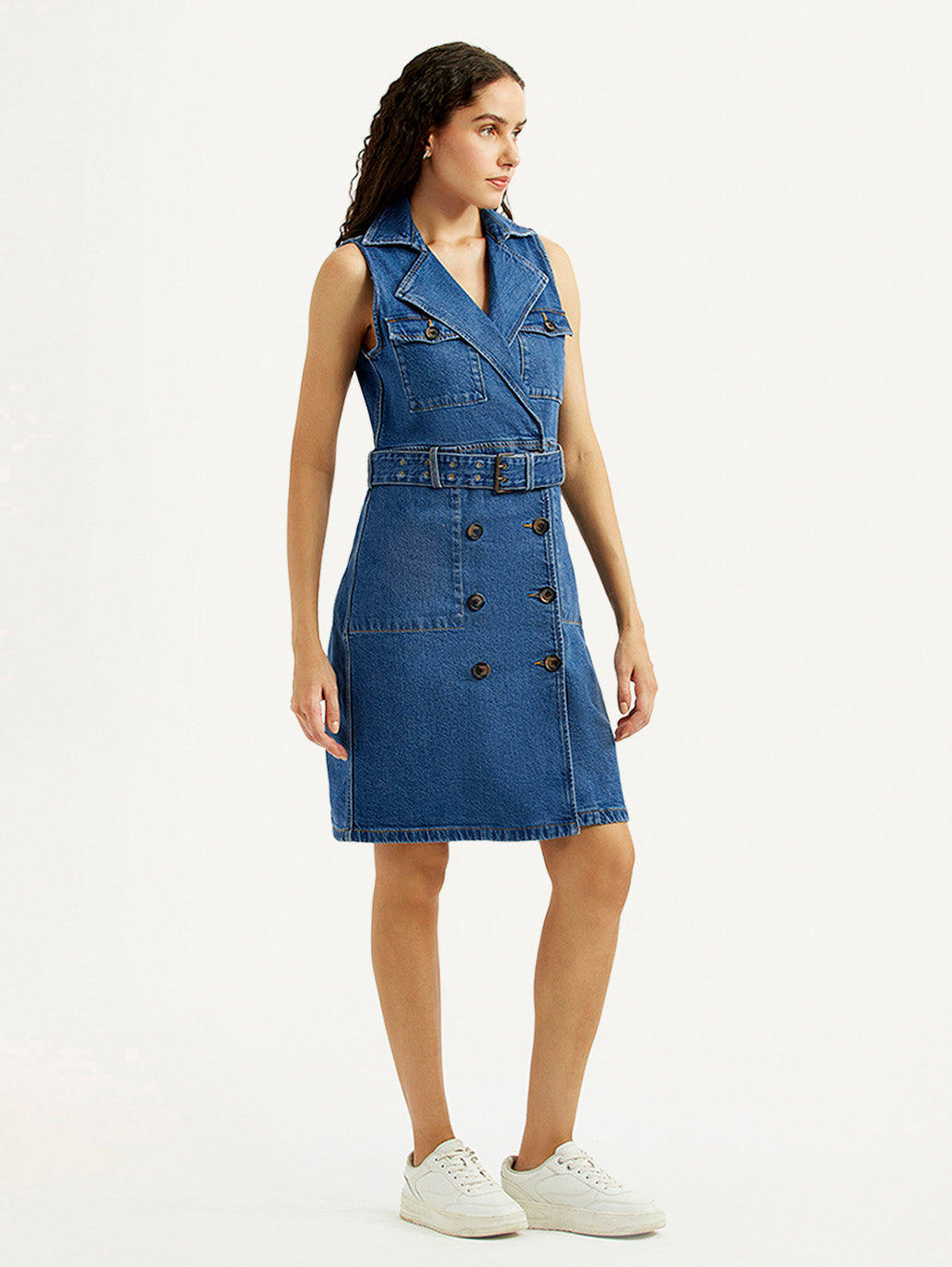 Women's Solid Blue Notched Lapel Denim Dress - Side View
