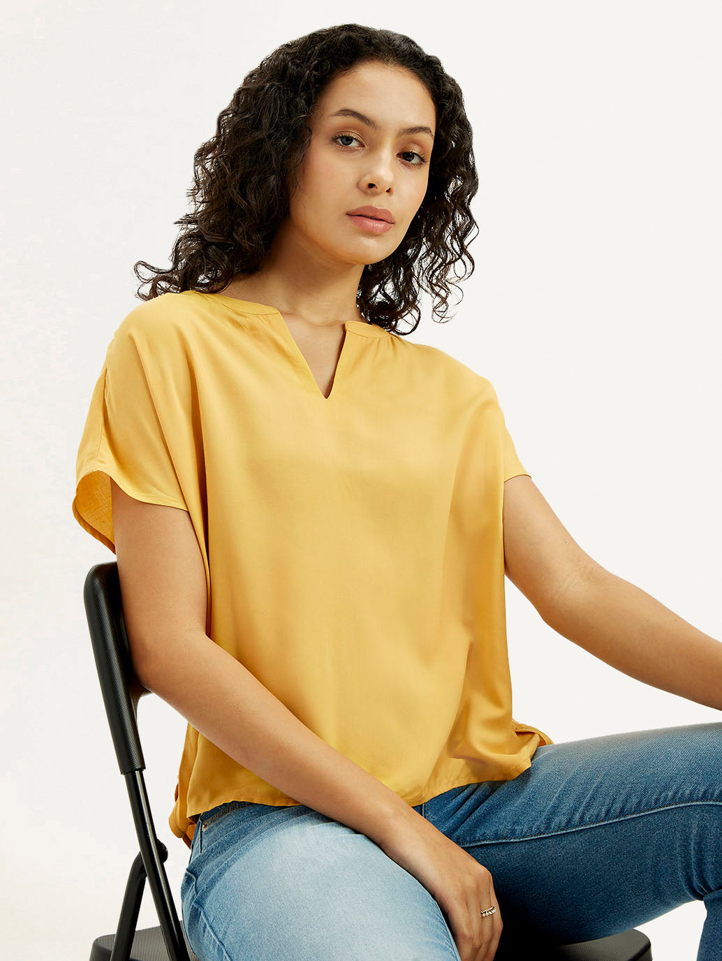 Women's Solid Mustard Split Neck Top - Elevated View