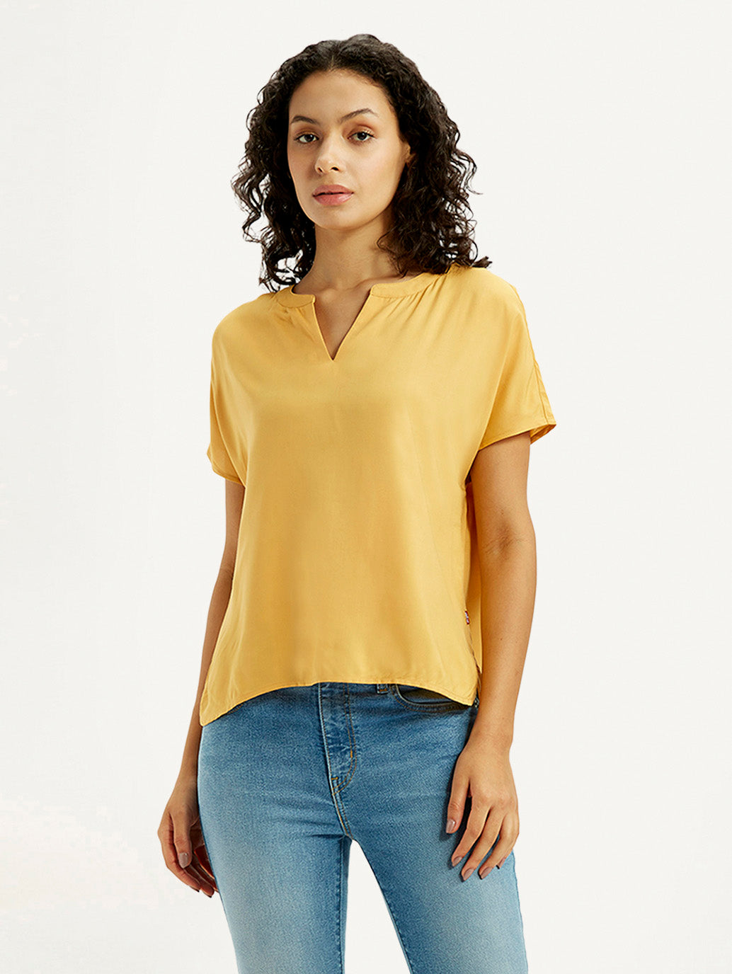 Women's Solid Mustard Split Neck Top - Front View