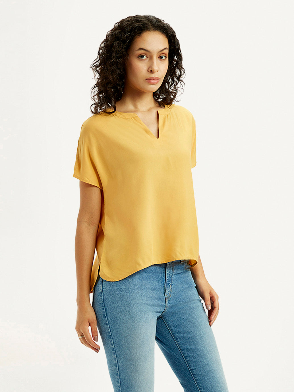 Women's Solid Mustard Split Neck Top - Side View
