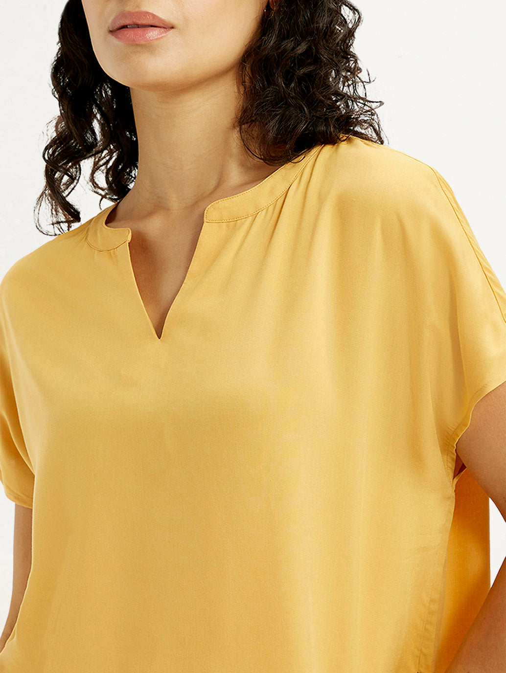 Women's Solid Mustard Split Neck Top - Detail View