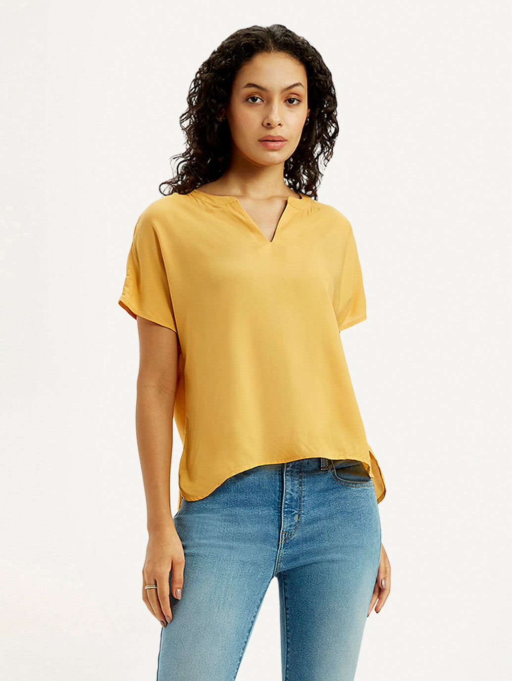 Women's Solid Mustard Split Neck Top - Styleshot View