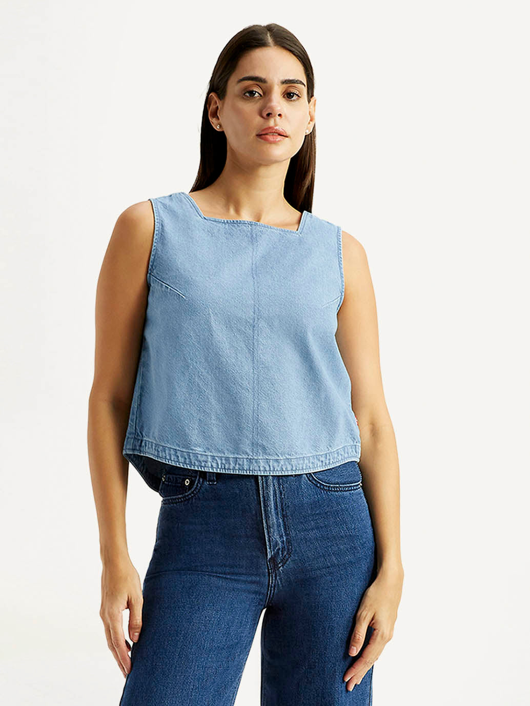 Women's Solid Light Blue Square Neck Top - Styleshot View