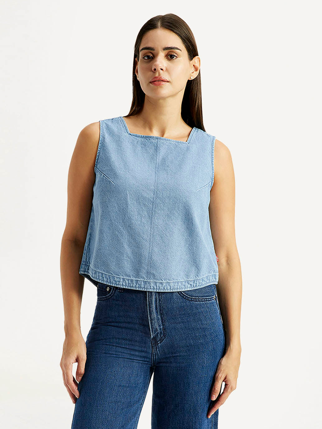 Women's Solid Light Blue Square Neck Top - Front View
