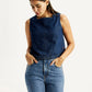 Women's Solid Dark Blue Square Neck Top - Styleshot View