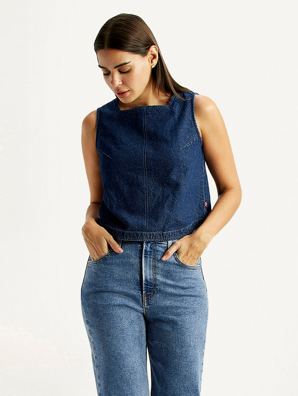 Women's Solid Dark Blue Square Neck Top