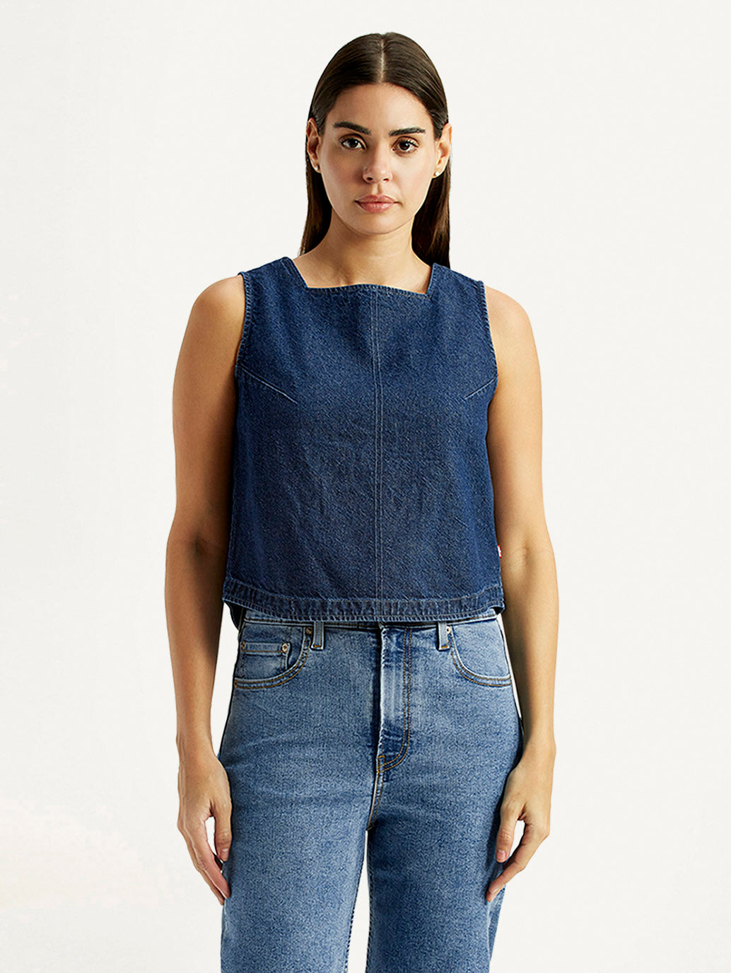 Women's Solid Dark Blue Square Neck Top - Front View