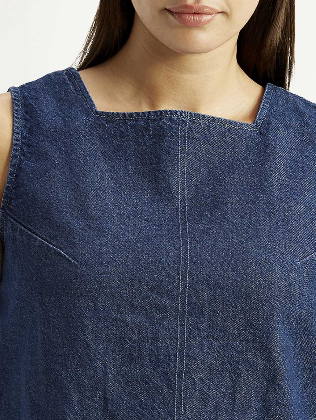 Women's Solid Dark Blue Square Neck Top - Detail View