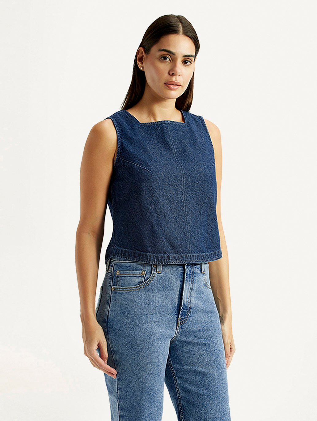 Women's Solid Dark Blue Square Neck Top - Side View
