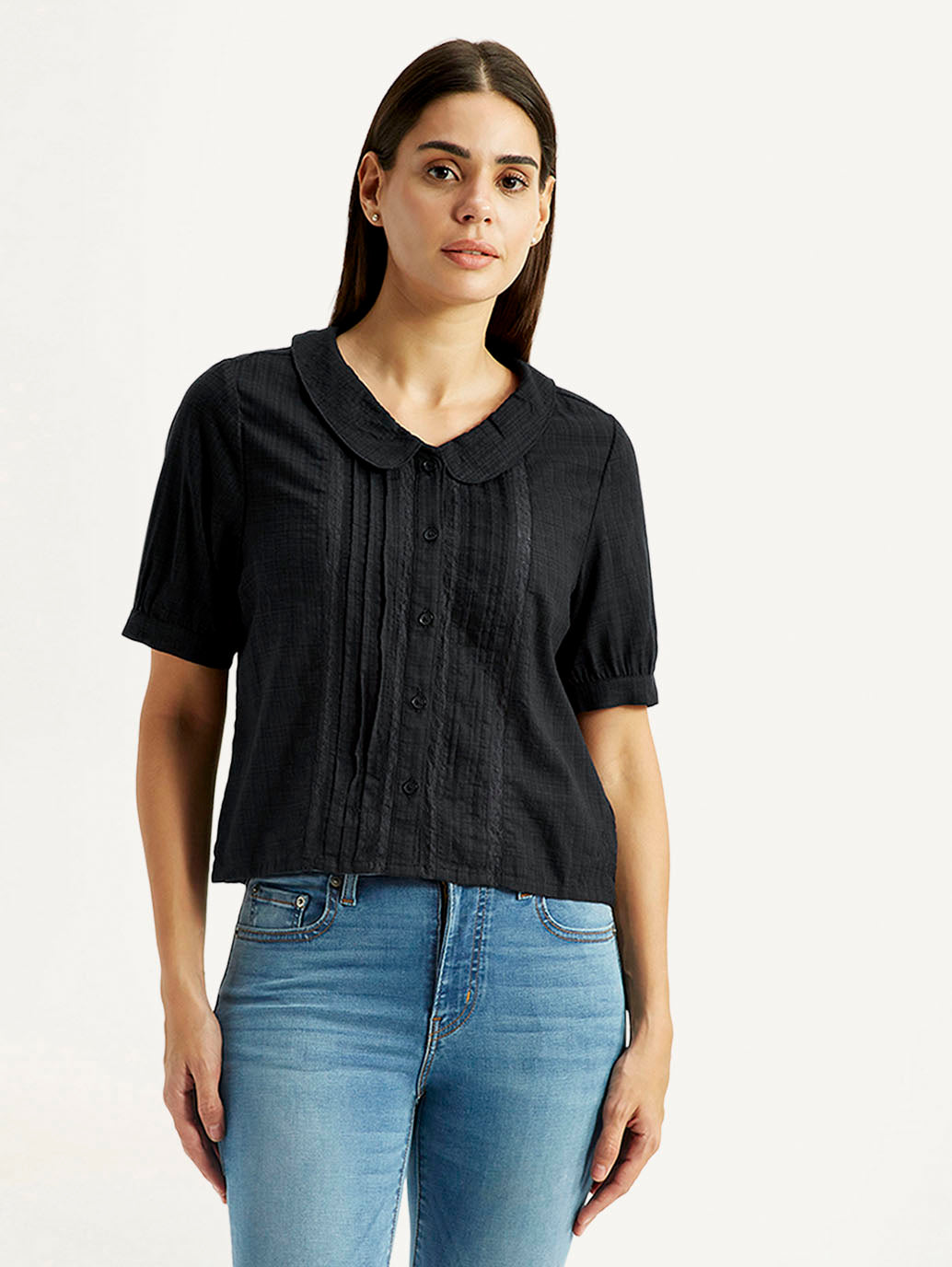 Women's Lace Black Peter Pan Collar Top - Front View