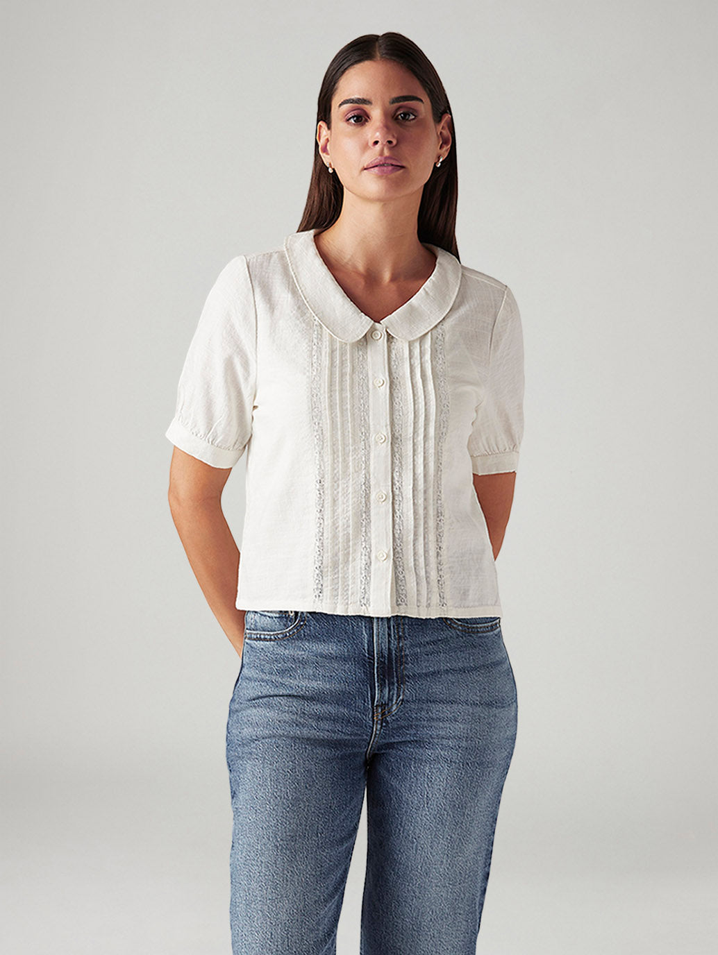 Women's Solid White Peter Pan Collar Shirt - Front View