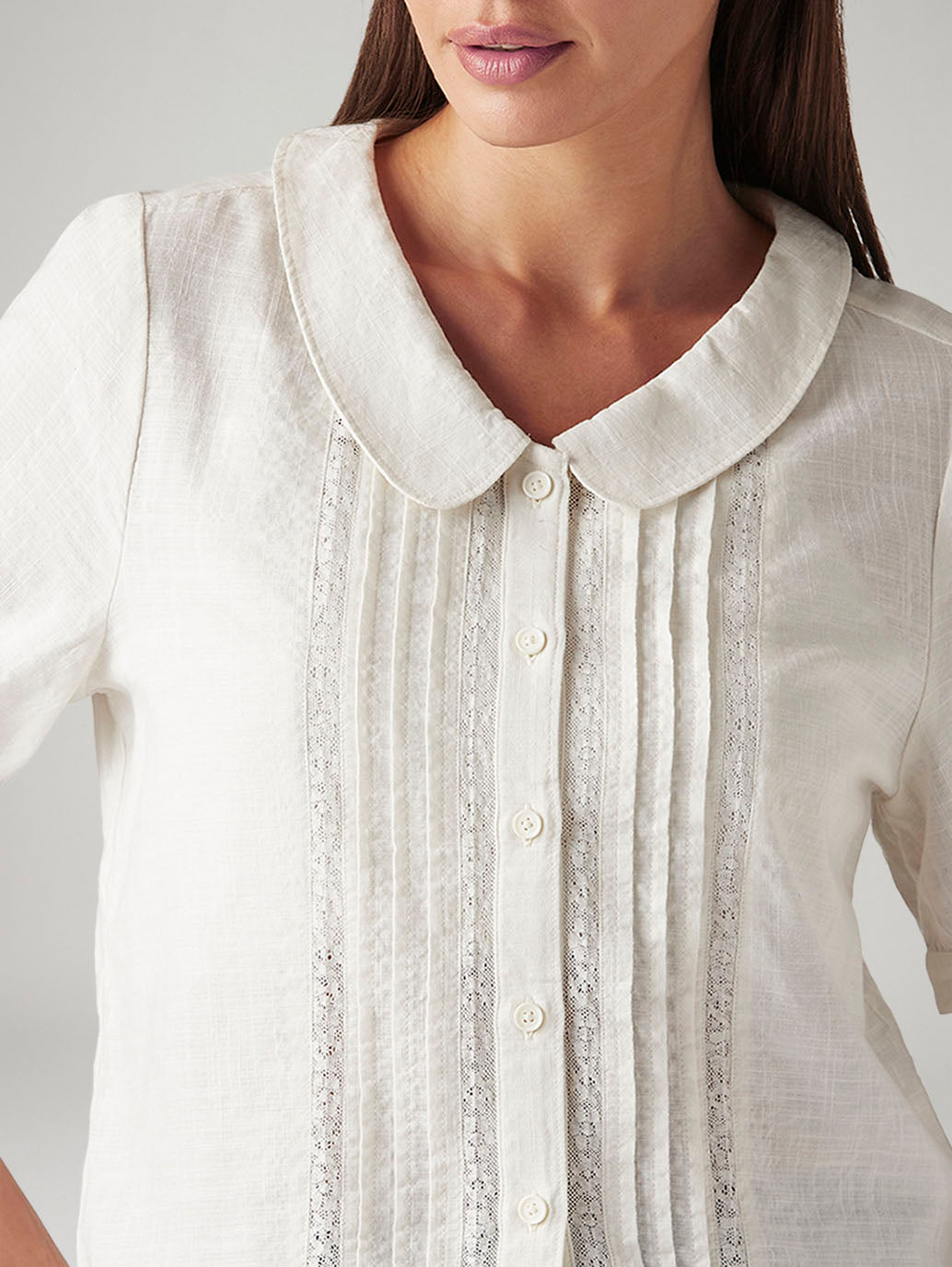 Women's Solid White Peter Pan Collar Shirt - Detail View