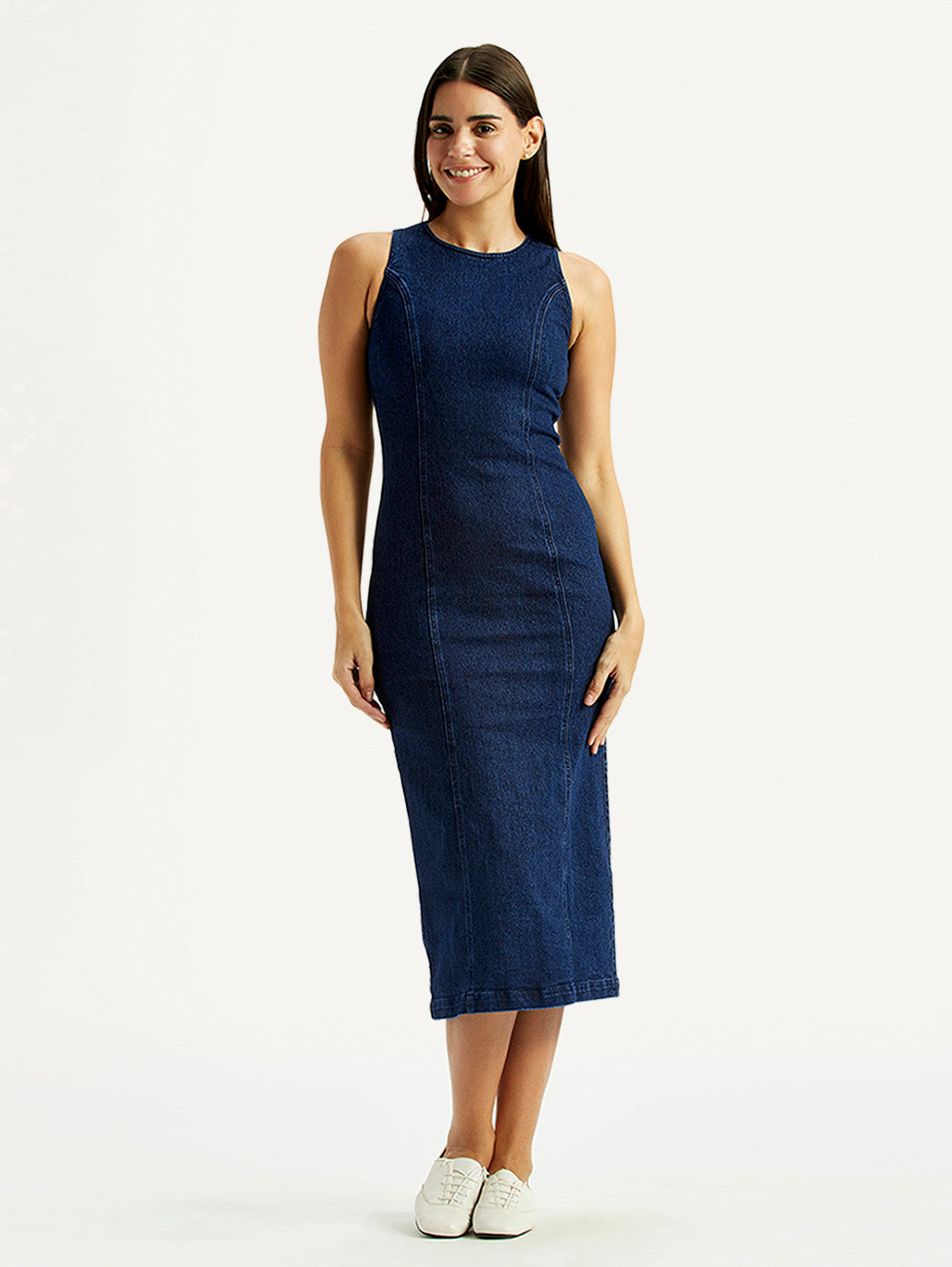Women's Solid Dark Blue Round Neck Dress - Styleshot View