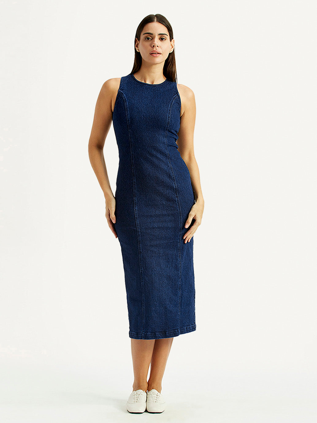 Women's Solid Dark Blue Round Neck Dress - Front View