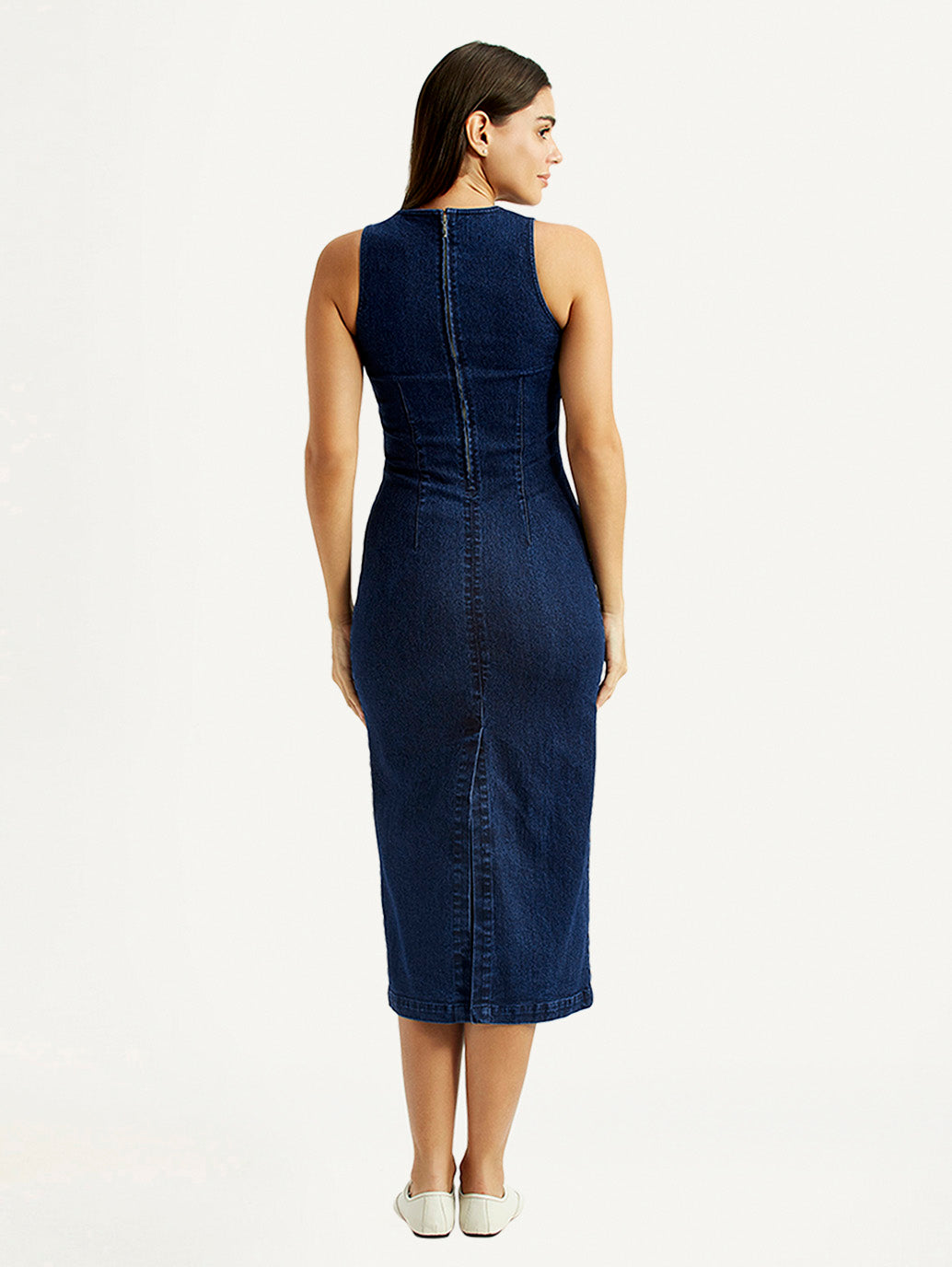 Women's Solid Dark Blue Round Neck Dress - Back View