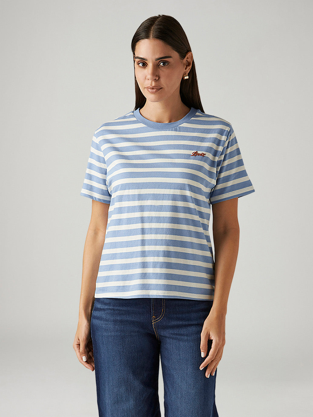 Women's Striped Light Blue Relaxed Fit T-shirt - Front View