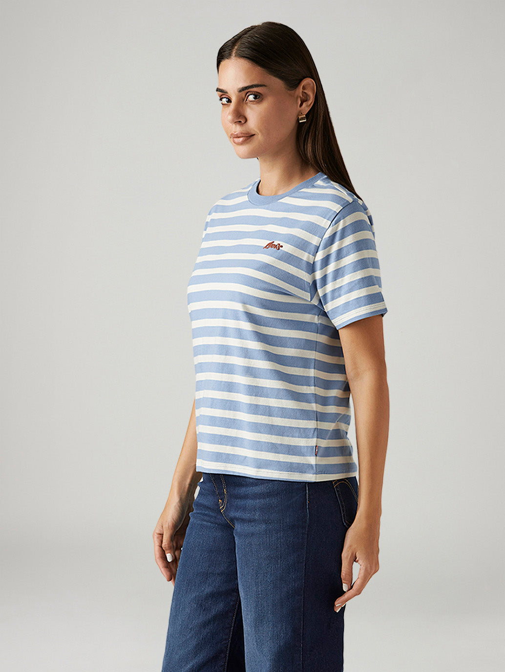 Women's Striped Light Blue Relaxed Fit T-shirt - Side View