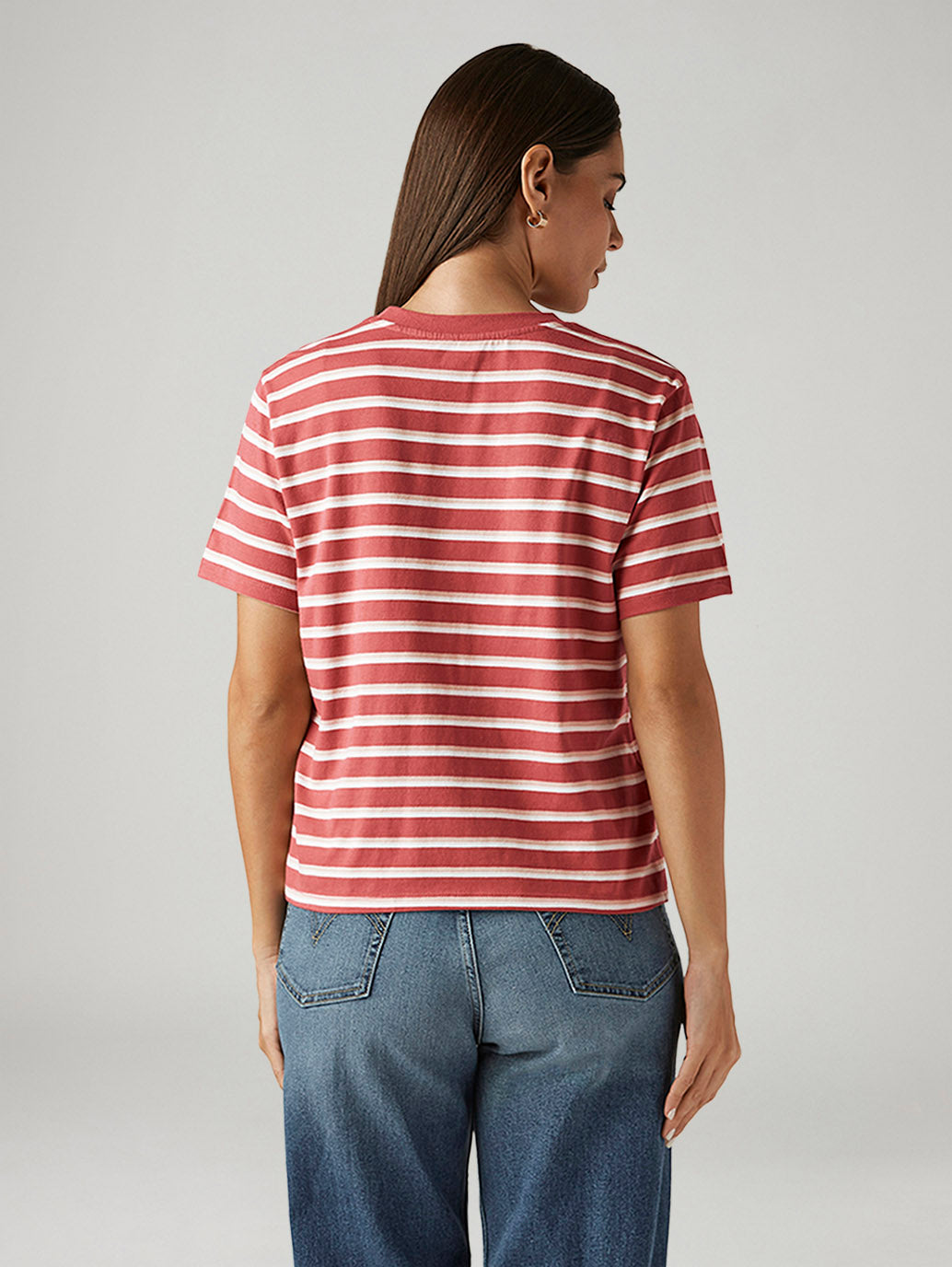 Women's Striped Red Relaxed Fit T-shirt - Back View