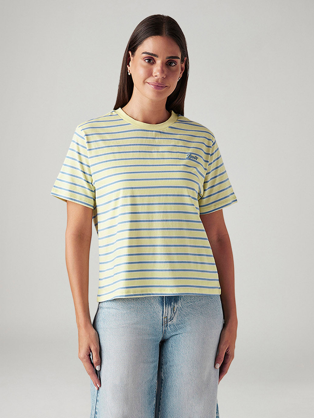Women's Striped Yellow Relaxed Fit T-shirt - Front View