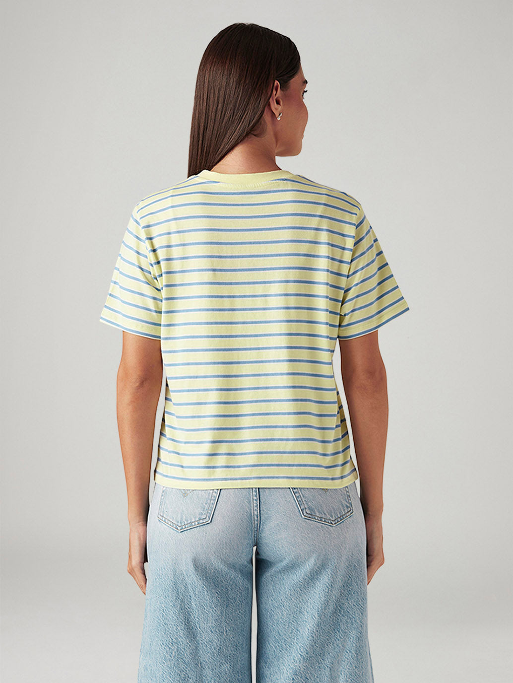 Women's Striped Yellow Relaxed Fit T-shirt - Back View