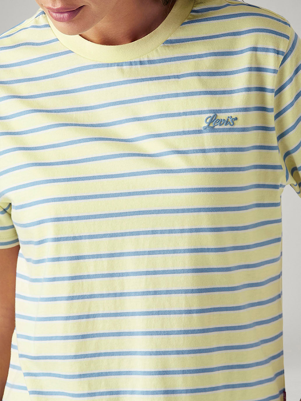 Women's Striped Yellow Relaxed Fit T-shirt - Detail View