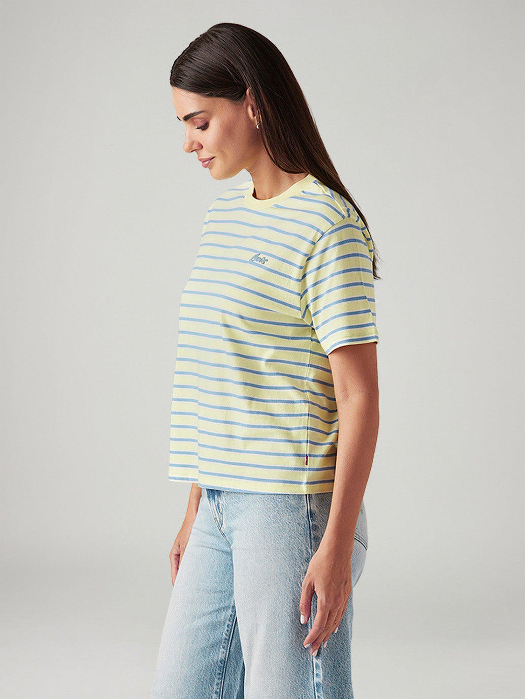 Women's Striped Yellow Relaxed Fit T-shirt - Side View