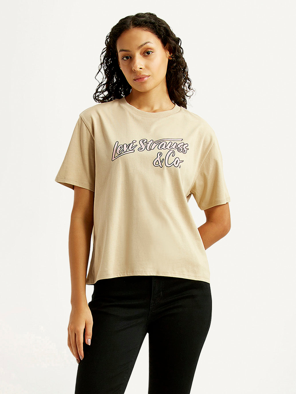 Women's Brand Logo Beige Relaxed Fit T-shirt - Styleshot View