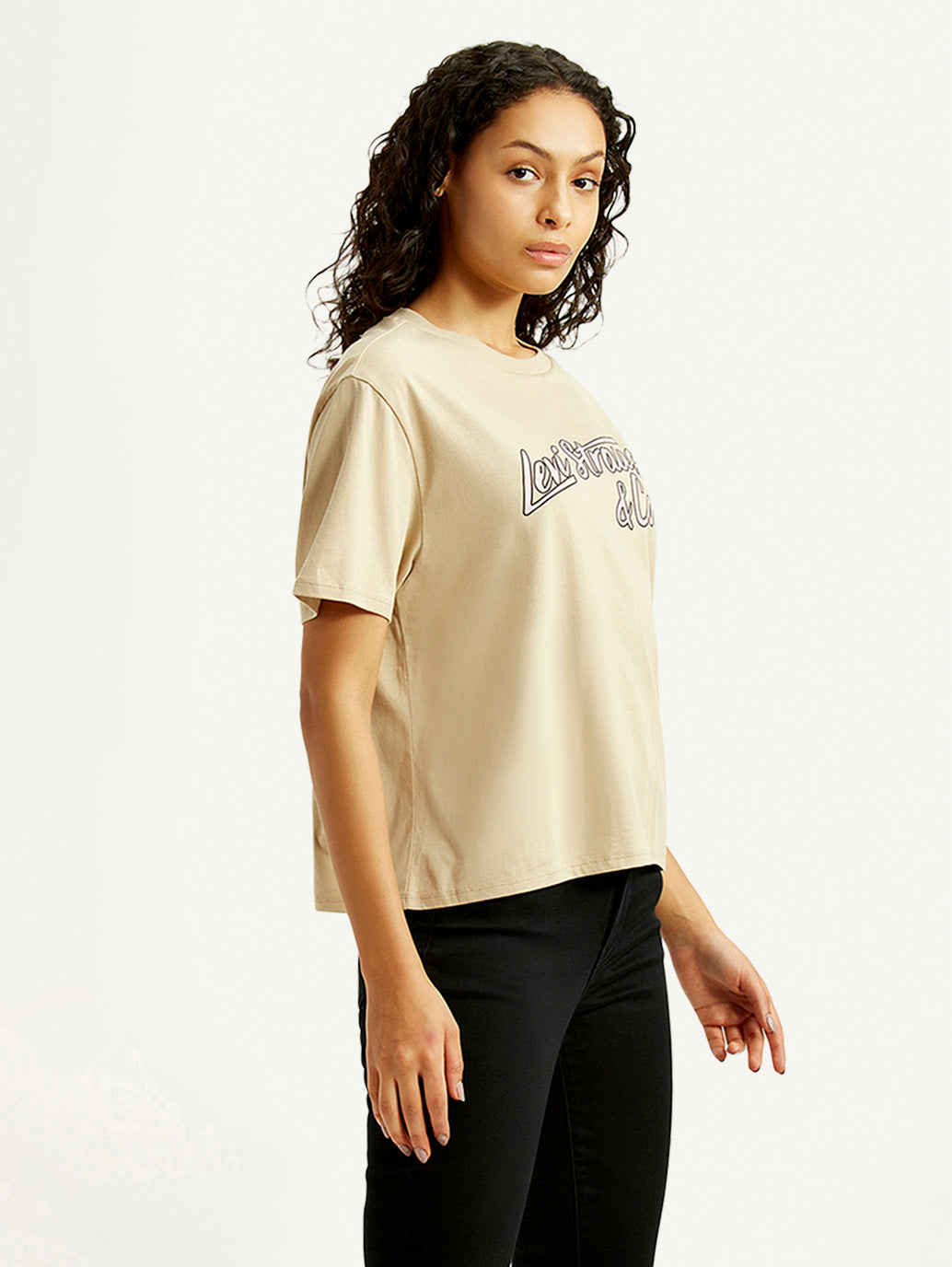 Women's Brand Logo Beige Relaxed Fit T-shirt - Side View