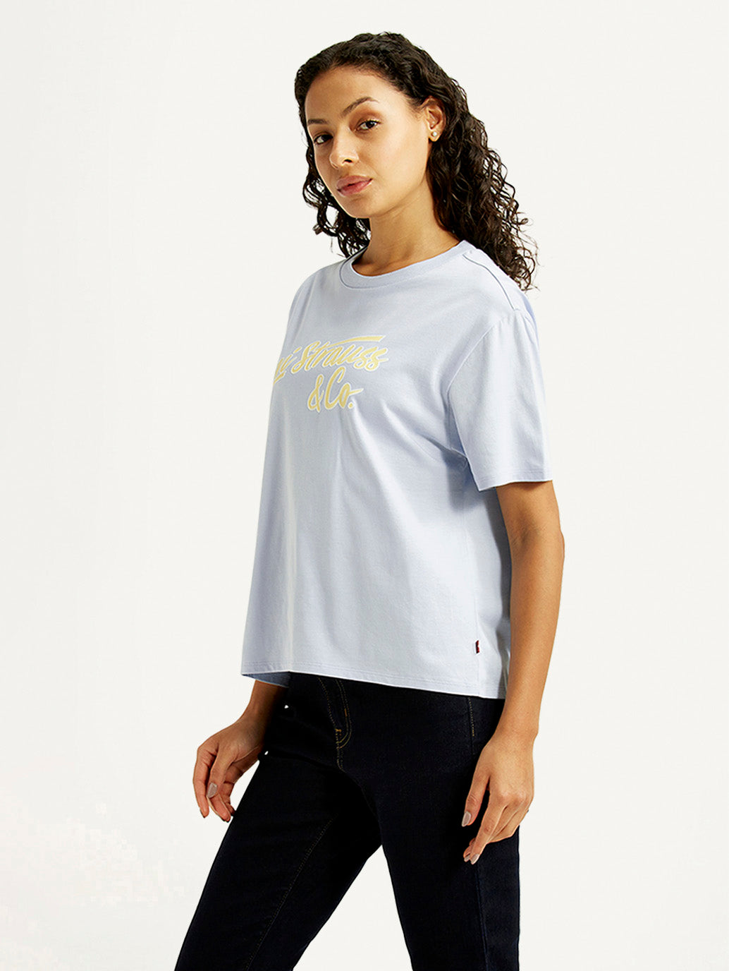 Women's Brand Logo Light Blue Relaxed Fit T-shirt - Side View