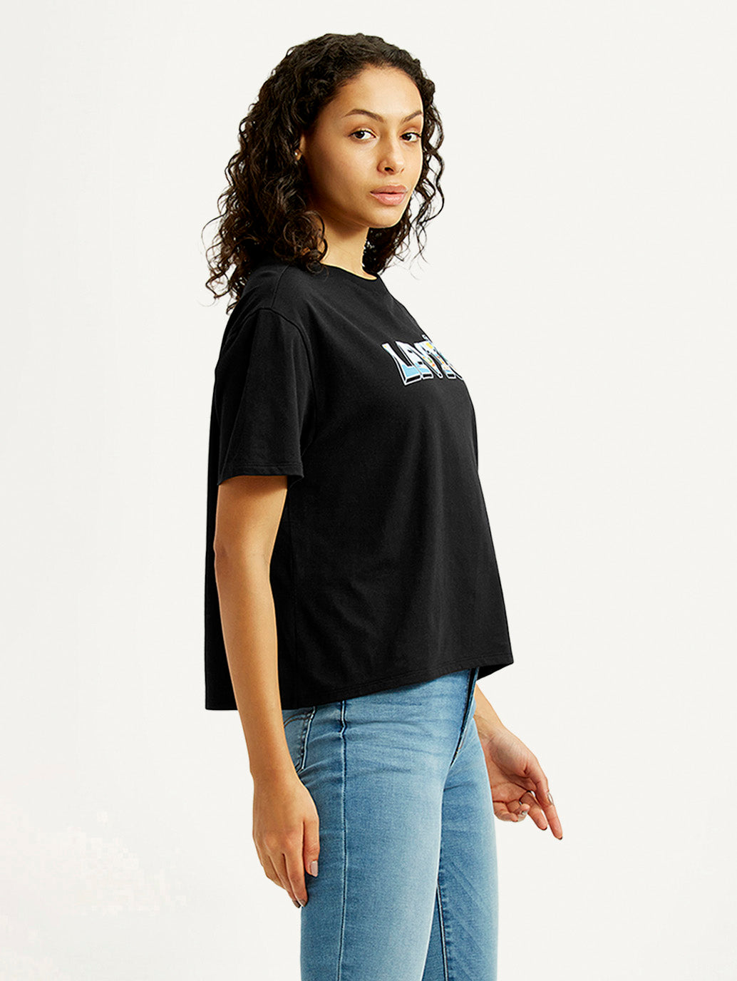 Women's Brand Logo Black Relaxed Fit T-shirt - Side View