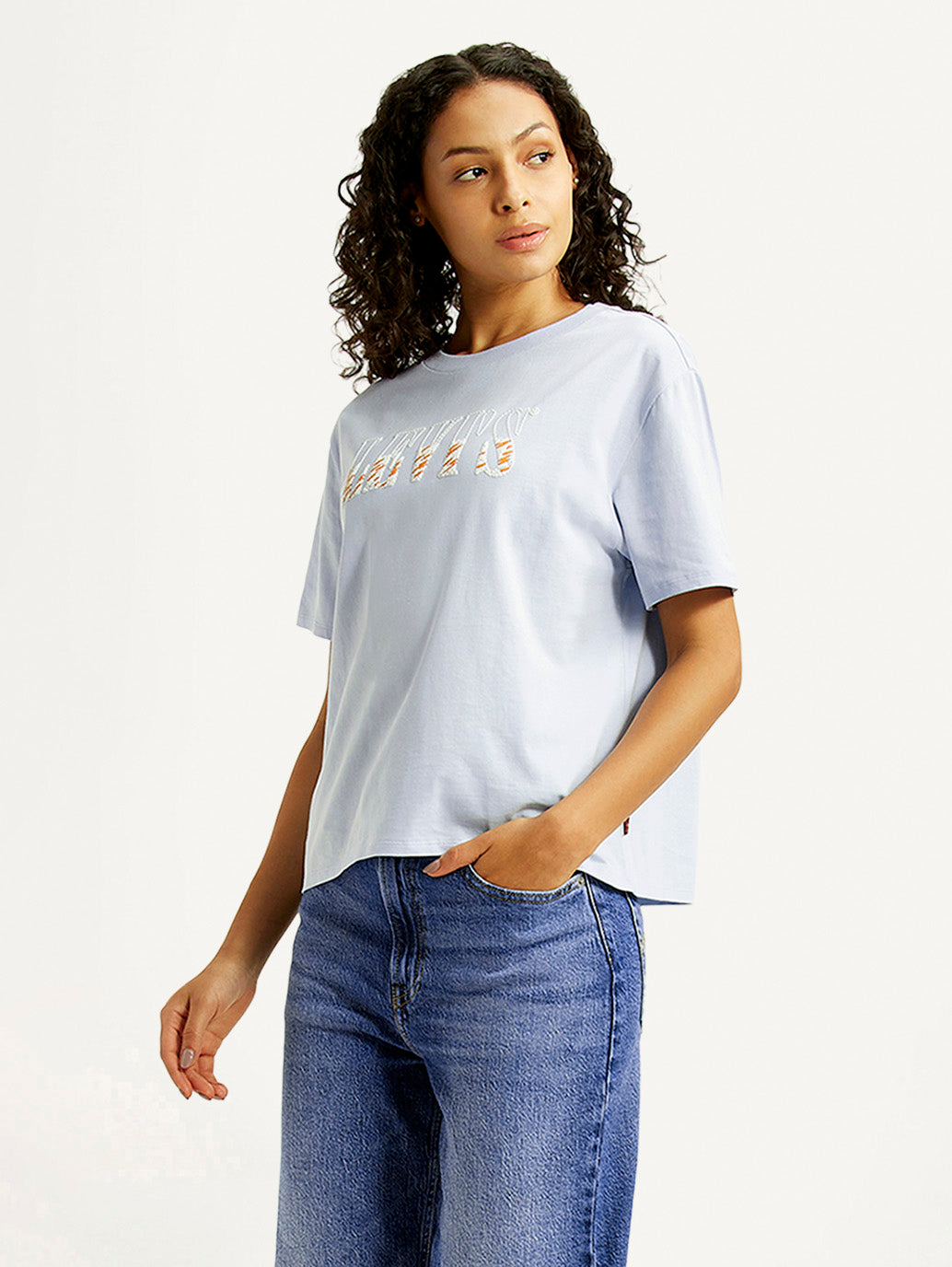 Women's Brand Logo Light-Blue Relaxed Fit T-shirt - Styleshot View