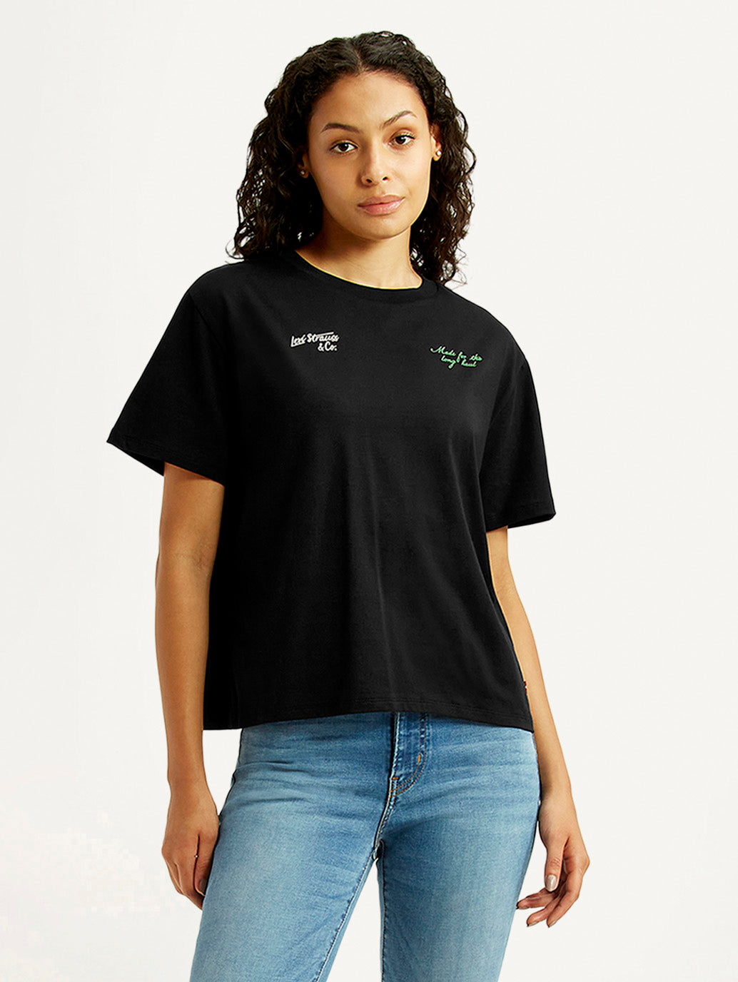 Women's Solid Black Relaxed Fit T-shirt - Styleshot View