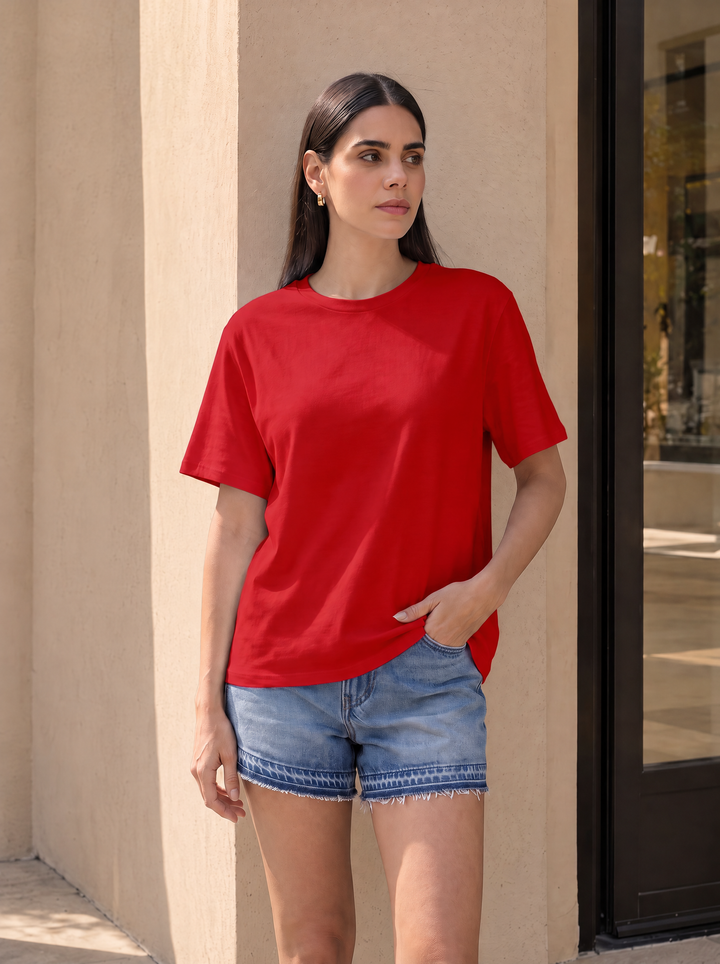 Women's Solid Crew Neck Relaxed Fit Interlock T-Shirt