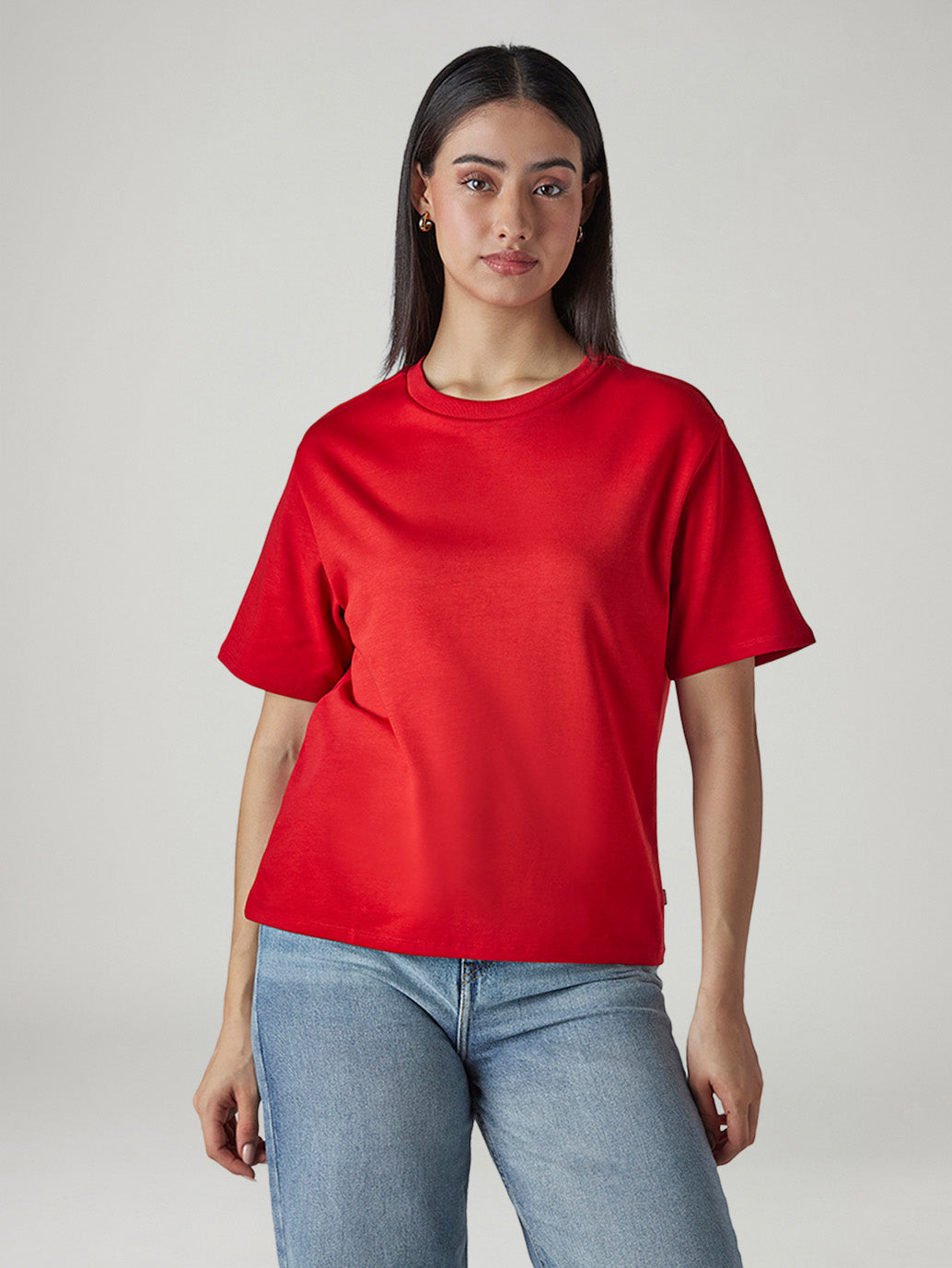 Women's Solid Crew Neck Relaxed Fit Interlock T-Shirt - Front View