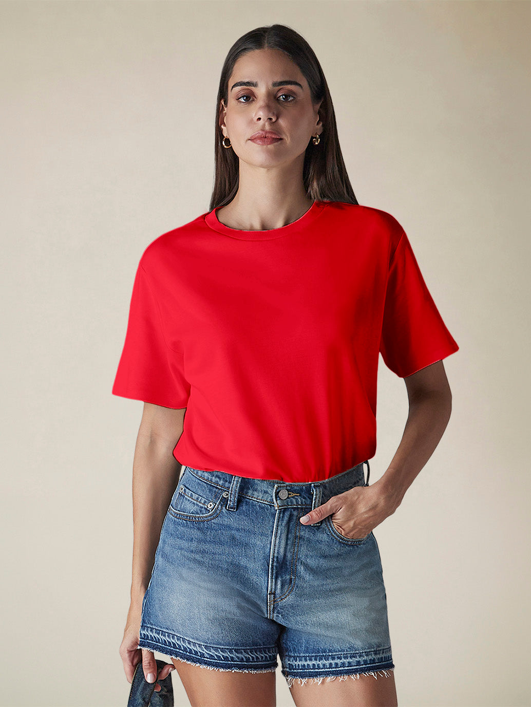 Women's Solid Crew Neck Relaxed Fit Interlock T-Shirt - Styleshot View