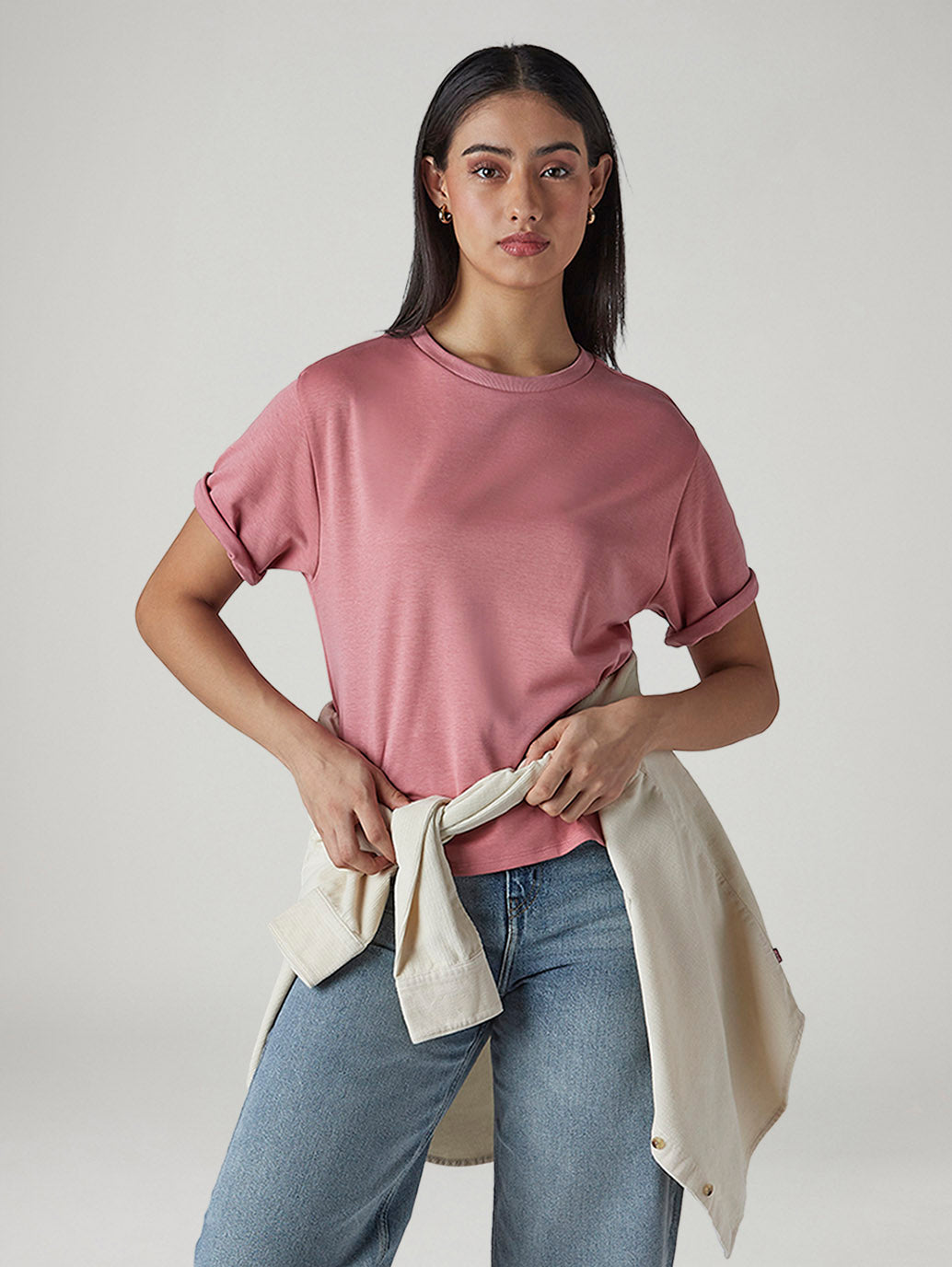 Women's Solid Crew Neck Relaxed Fit Interlock T-Shirt