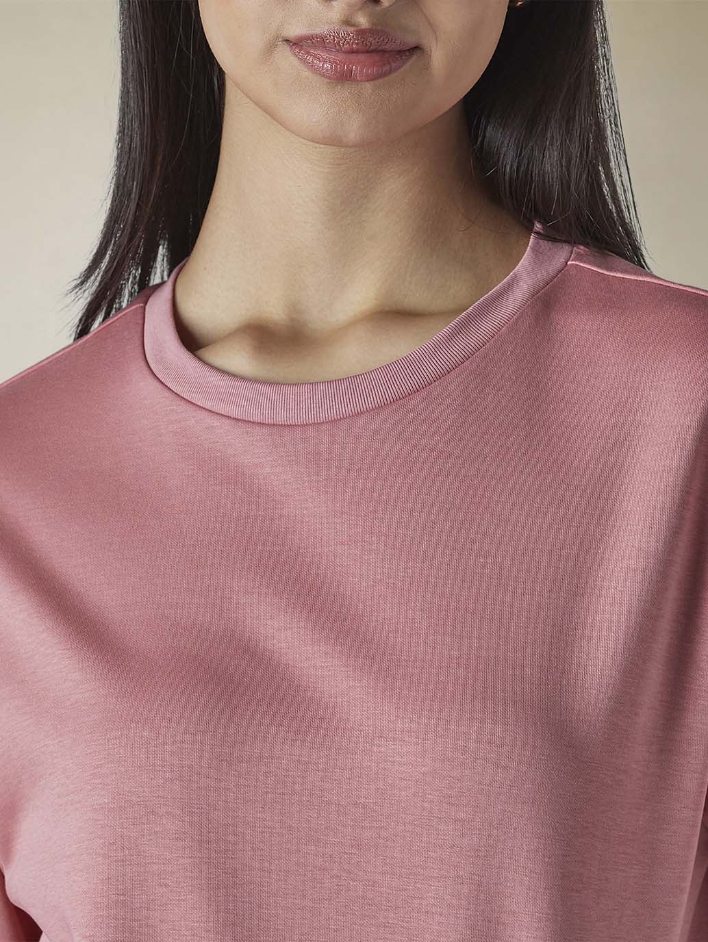 Women's Solid Crew Neck Relaxed Fit Interlock T-Shirt - Detail View